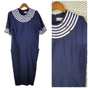Vintage 90s Sailor Shirt Dress Size 12 Midi Navy Blue Embroidered Stripe Sheath